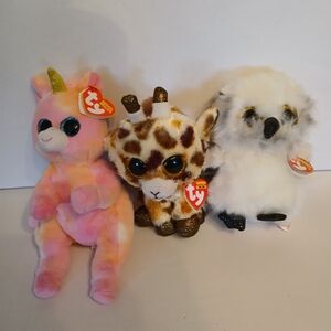 Ty Beanie Babies Pink Unicorn, Spotted Giraffe, and Fluffy Owl Trio